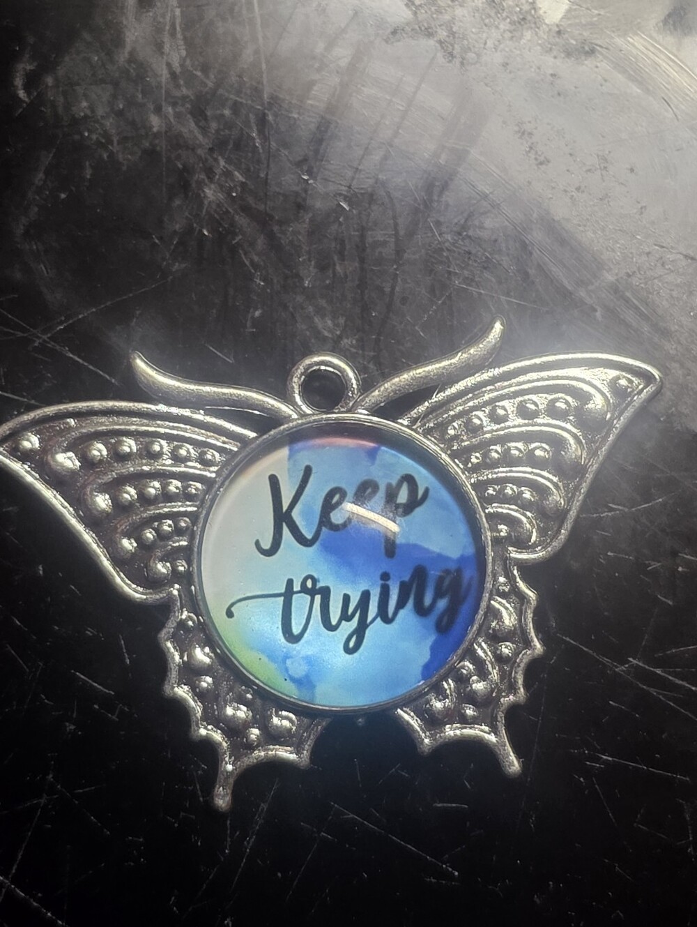 Silver Tone Butterfly Pendant W Blue Cabonchon Says "Keep Trying" Inspirational